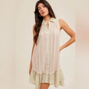 Hem & Thread Boho Striped Sleeveless Button-Up Asymmetrical Hem Dress Flowy Sz S